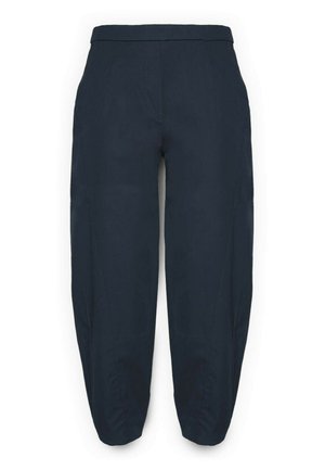 Granatowe spodnie o kroju cropped z wysokim stanem, prostymi nogawkami delikatnie zwężanymi przy mankiecie oraz kieszeniami po bokach.