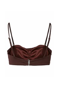 Soutien-gorge marron en satin avec armatures, bretelles fines réglables et fermeture à agrafe sur le devant.