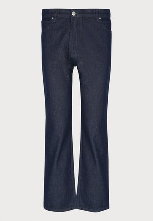 Mørkeblå vide jeans laget av denim med knappelukking, fem lommer og en ren finish på nederkant og sømmer.