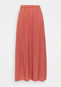Jupe maxi de couleur corail, en tissu doux, dotée d'une taille élastique et d'un design ample et fluide sans motifs visibles.