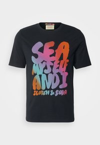 Black short-sleeve T-shirt with large colorful gradient text "SEA MYSELF AND I" and smaller "SCOTCH & SODA" printed on the front.