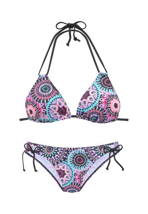 Zweiteiliger Bikini mit schwarzen Bändern und bunten kreisförmigen Mandala-Mustern in Pink, Blau, Lila und Schwarz auf dem Stoff.