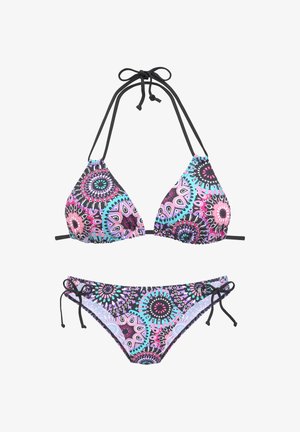 Zweiteiliger Bikini mit schwarzen Bändern und bunten kreisförmigen Mandala-Mustern in Pink, Blau, Lila und Schwarz auf dem Stoff.