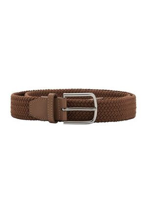 Cintura intrecciata marrone realizzata in materiale elastico, con una fibbia rettangolare in metallo argento e un attacco in pelle liscia.