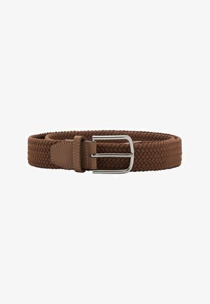Woven brown belt made of elastic material, featuring a rectangular silver metal buckle and a smooth leather strap attachment.