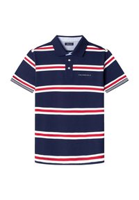 Polo de color azul marino con rayas horizontales rojas y blancas. Presenta un ojal de tres botones y un logo de la marca en el lado izquierdo. Material de algodón.