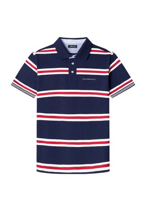Navy blue polo shirt with horizontal red and white stripes. Features a three-button placket and a brand logo on the left side. Cotton material.