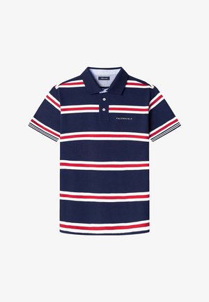 Polo di colore blu navy con righe orizzontali rosse e bianche. Presenta una chiusura con tre bottoni e un logo del marchio sul lato sinistro. Materiale in cotone.