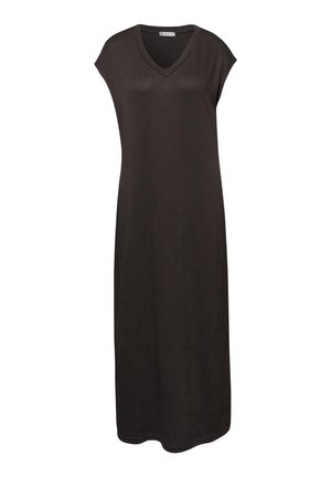 Robe midi noire sans manches, col en V et coupe décontractée, en tissu tricoté doux, présentée sur un fond blanc uni.