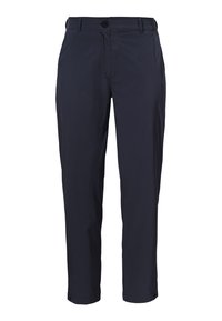 Marineblaue Hose aus leichtem Stoff, mit Knopfverschluss, zwei Vorderaschen und taillierter Beinform.