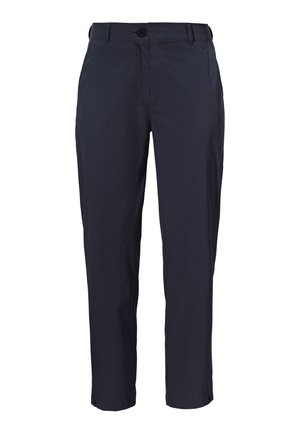 Navy blue trousers made of lightweight fabric, featuring a button closure, two front pockets, and a tapered leg design.
