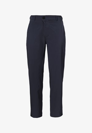 Navy blue trousers made of lightweight fabric, featuring a button closure, two front pockets, and a tapered leg design.