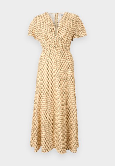 Maxikjole i lys gul stof med blomstermønster i brun. V-hals med rynkede detaljer og korte ærmer. Glat tekstur.
