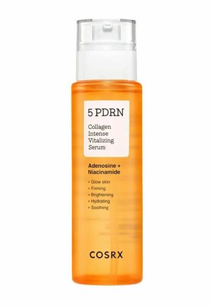 Flacon cosmétique orange étiqueté "5 PDRN Collagen Intense Vitalizing Serum" avec adénosine, niacinamide et bienfaits pour les soins de la peau listés.