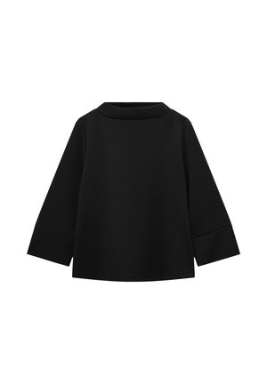 Black long-sleeve top with a high neckline, wide sleeves, and a textured fabric. Features a simple, clean design with no embellishments.
