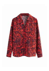 Rode longsleeve shirt met zwart en donkerrood luipaardpatroon, knopen aan de voorkant en een klassiek kraagontwerp.