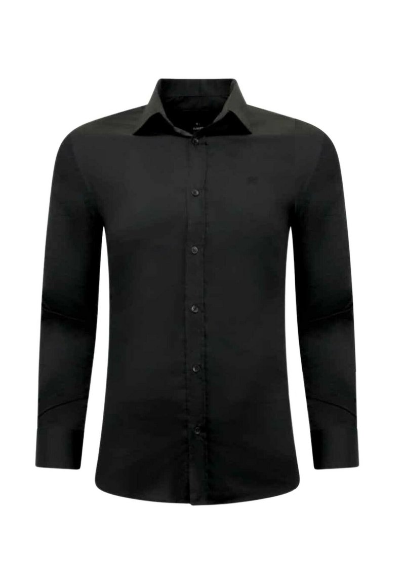 Zwart shirt met lange mouwen, een puntige kraag, knoopsluiting aan de voorkant en een gladde stof. Kenmerkt zich door een getailleerde pasvorm en minimalistisch ontwerp.