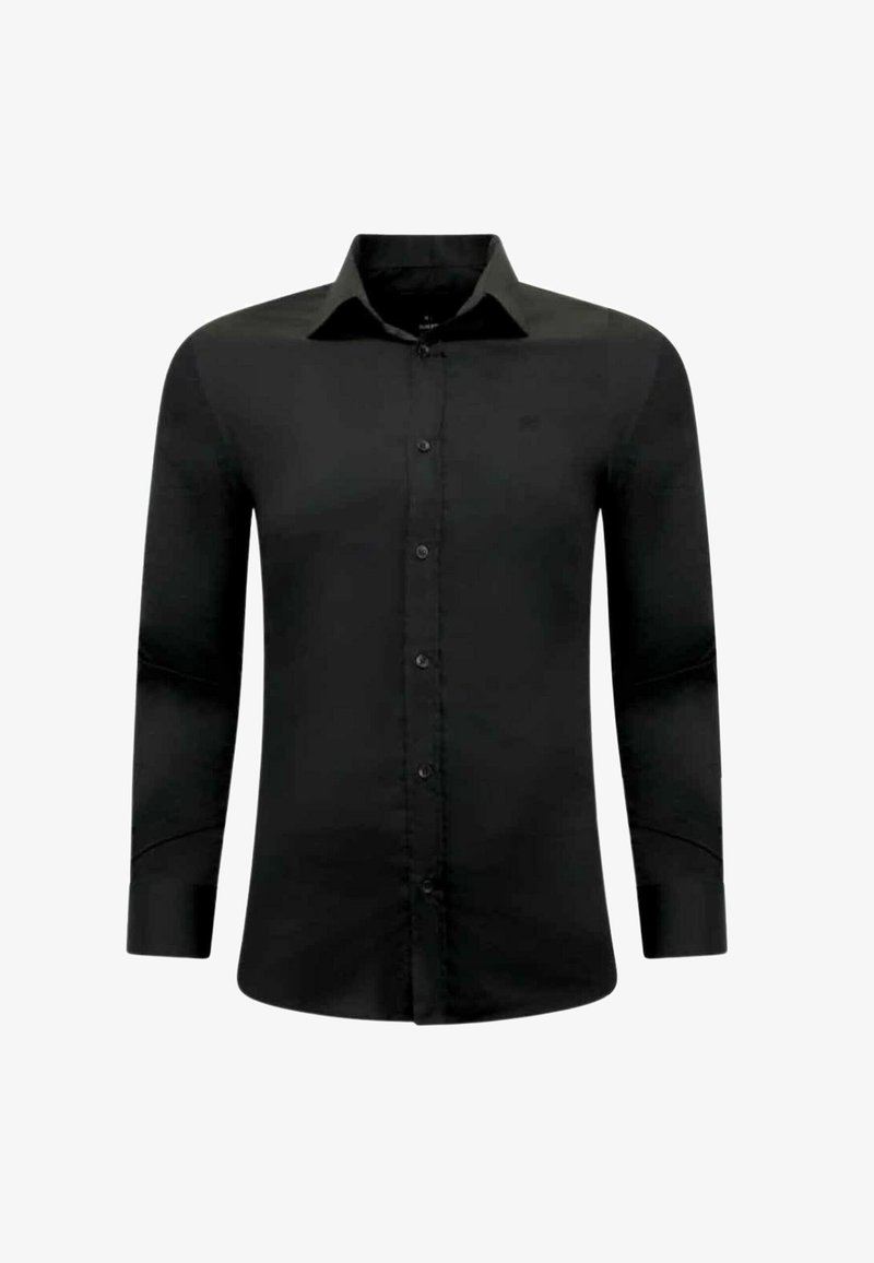 Zwart shirt met lange mouwen, een puntige kraag, knoopsluiting aan de voorkant en een gladde stof. Kenmerkt zich door een getailleerde pasvorm en minimalistisch ontwerp.