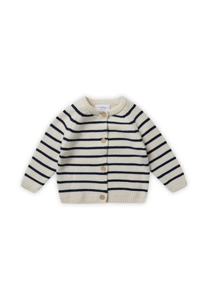 Cardigan lavorato a maglia con strisce crema e blu, colletto rotondo, cinque bottoni sul davanti e polsini e orlo a coste per una vestibilità aderente.