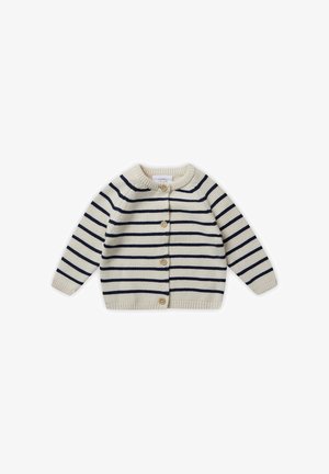 Cárdigan de punto con rayas en crema y azul marino, cuello redondo, cinco botones en la parte frontal y puños y dobladillo acanalados para un ajuste ceñido.