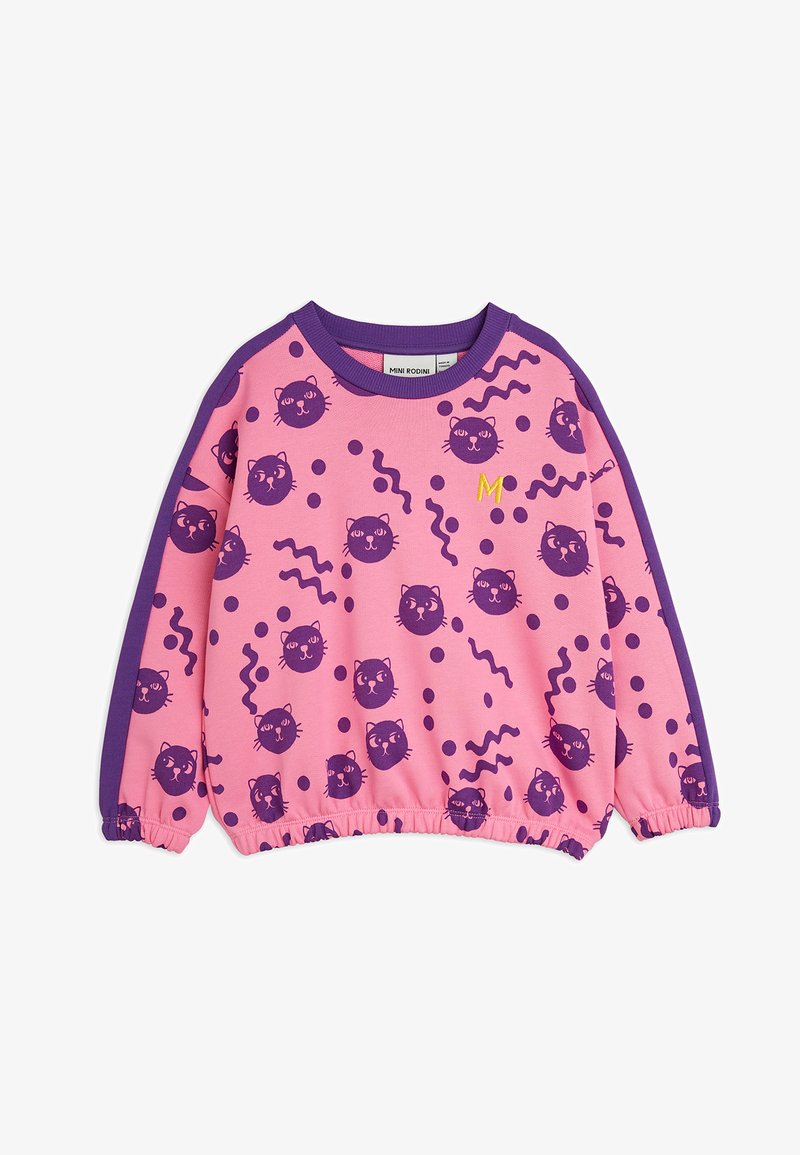Pink sweatshirt with purple accents, featuring cat faces and wavy patterns. The collar is ribbed, and the hem is elasticated for a snug fit.