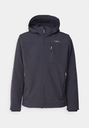 Námorná softshell bunda s kapucňou, zipsom na prednej strane a bočnými vreckami. Obsahuje kontrastný šev a logo na hrudi.
