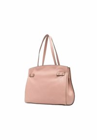 Borsa a tracolla in pelle rosa cipria con due manici superiori, forma rettangolare piatta e cuciture sottili. Presenta due fibbie decorative sul davanti.