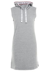 Sukienka bez rękawów w kolorze szarym z kapturem, z białymi sznurkami do ściągania, ozdobiona logo Champion oraz luźnym, casualowym krojem.