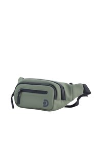 Marsupio impermeabile verde con una texture liscia, dotato di una tasca frontale con zip e di una tracolla regolabile. Dettaglio del logo in grigio scuro.