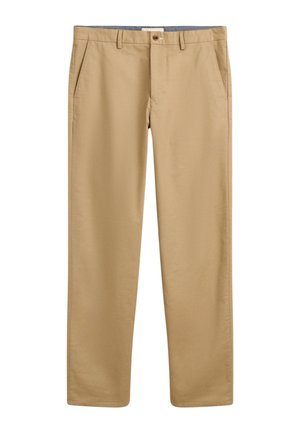Beige Chinos mit geradem Bein, ausgestattet mit Fronttaschen und einem Knopfverschluss. Hergestellt aus weichem, strukturiertem Stoff.