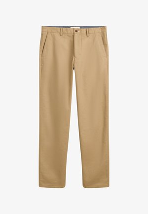 Chino beige con design a gamba dritta, dotati di tasche frontali e chiusura con bottone. Realizzati in tessuto morbido e texturizzato.
