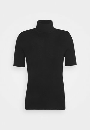 Pull noir à col roulé à manches courtes côtelé avec une silhouette ajustée sur un fond blanc uni.