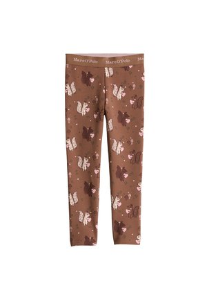 Brown children’s leggings with white and dark brown squirrels holding pink hearts and small mushroom patterns, elastic waistband branded Marc O'Polo.