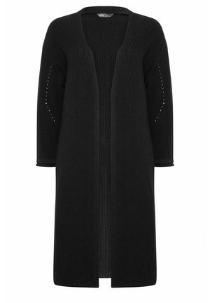 Zwarte lange opengebreide cardigan met driekwart mouwen en subtiele zijperforaties.