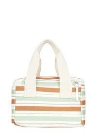 Izolovaná obedová taška so smotanovými, zelenými a hnedými pruhmi. Má dve krátke uchá a zipsové uzatváranie. Vyrobená z odolnej látky.