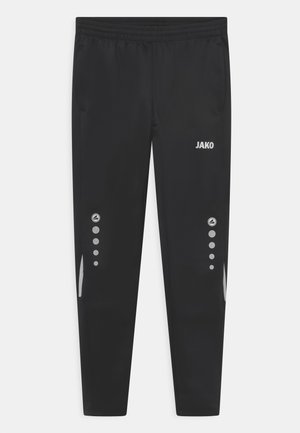 Zwarte sportbroek met een elastische tailleband, zijzakken en reflecterende accenten. Voorzien van het 'JAKO' logo en vijf cirkelvormige details nabij de zoom.