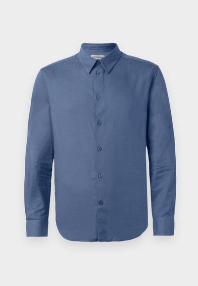 Blue long-sleeve button-up shirt with pointed collar and cuffs, displayed against a white background.