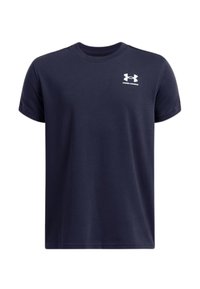 Camiseta de manga corta azul marino hecha de algodón suave. Cuenta con un pequeño logo blanco en el pecho izquierdo. Diseño clásico de cuello redondo.