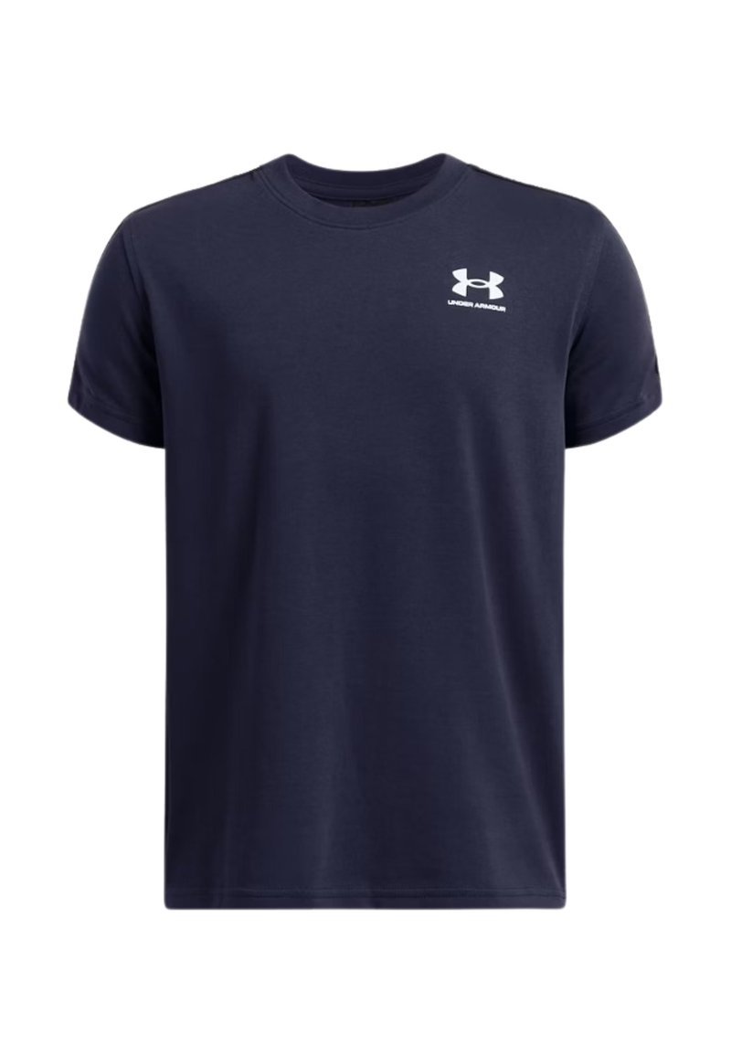 Camiseta de manga corta azul marino hecha de algodón suave. Cuenta con un pequeño logo blanco en el pecho izquierdo. Diseño clásico de cuello redondo.