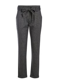 Grå rutig byxor med knytbälte, rak passform, fållade nederkanter och två framfickor. Tillverkade av ett lättviktigt tyg.