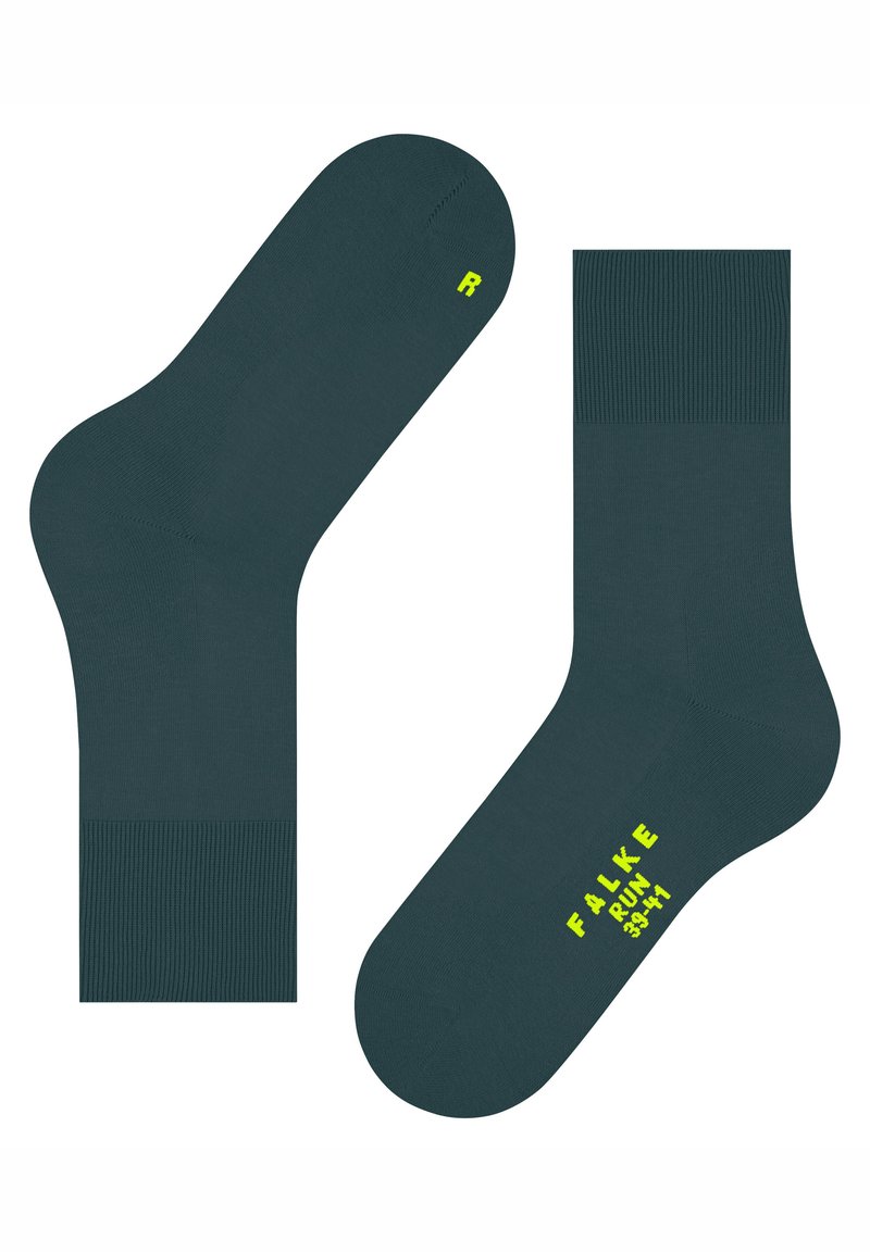Dunkelblau-grüne Knöchelsocken mit gerippten Bündchen. Mit leuchtend gelbem Logo und Größenmarkierungen. Hergestellt aus einem glatten, dehnbaren Stoff.