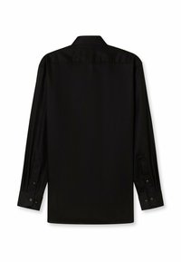 Schwarzes Langarmhemd mit glatter Textur, geknöpften Manschetten und klassischem Kragen. Hat einen geraden Schnitt und minimalistisches Design.