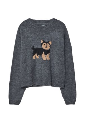 Szary sweter z dzianiny o krótkim kroju, z motywem psa w beżowym i czarnym kolorze na przodzie. Rękawy i dół wykończone ściągaczami.
