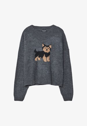 Sivi pleteni pulover s kratkim dizajnom, na sprednji strani z motivom bež in črnega psa. Detajli z rebrastimi manšetami in spodnjim delom.