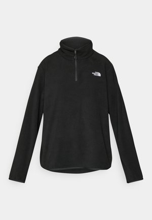 Zwarte fleecetrekker met een hoge kraag, een halve rits en een logo op de linkerborst. Zachte textuur, lange mouwen en afgeronde zoom.