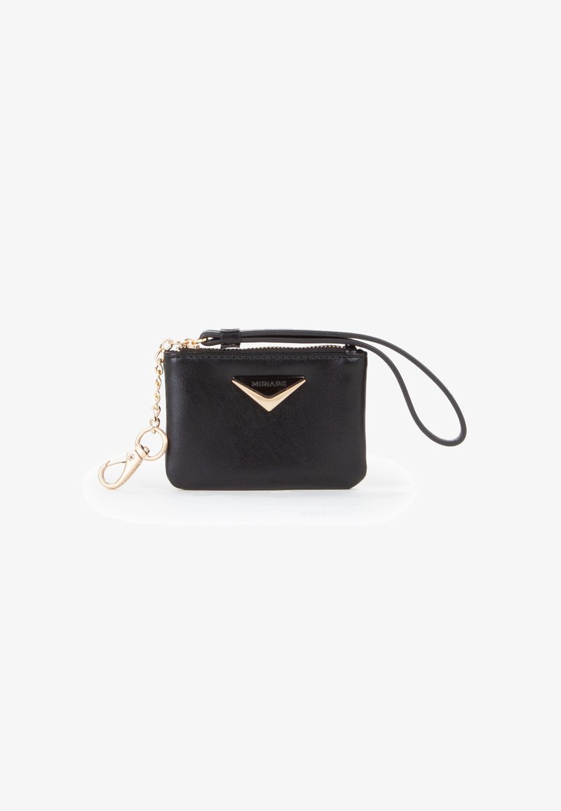 Black leather wristlet pouch with gold zipper, chain clasp, and triangular gold logo detail on front.