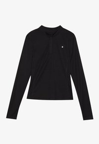 Czarny, długi rękaw, sportowy top z wysokim kołnierzem, zamek błyskawiczny z przodu i małym logo. Gładki, lekki materiał z detalami w szwach.