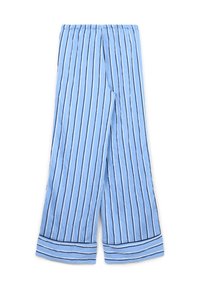 Helle blaue Hose mit vertikalen Streifen, elastischem Bund, weitem Bein-Design und gesäumten Säumen mit abwechselnd blauen und weißen Streifen.