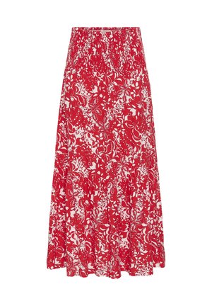 Jupe midi rouge à motif floral blanc, taille smockée élastique et ourlet à volants.