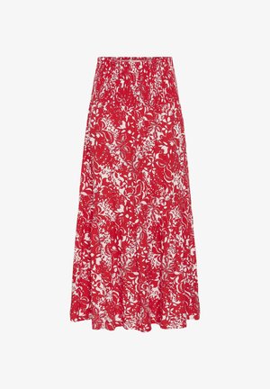 Crvena midi suknja s bijelim cvjetnim uzorkom, elastičnim nabranim strukom i naboranim rubom.